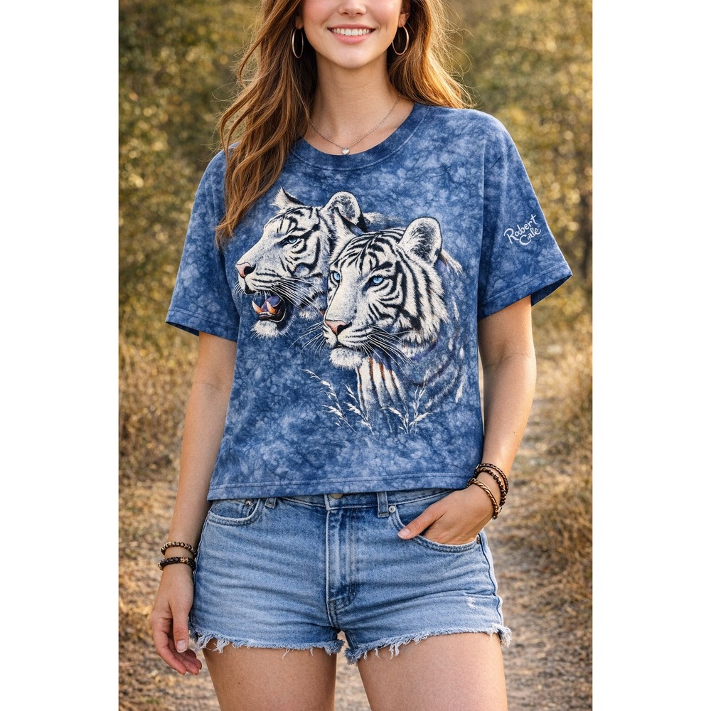 Rainforest‎ Cafe White Tiger Graphic Tie Dye T-Shirt Blue Grey 90'S Large L Y2K